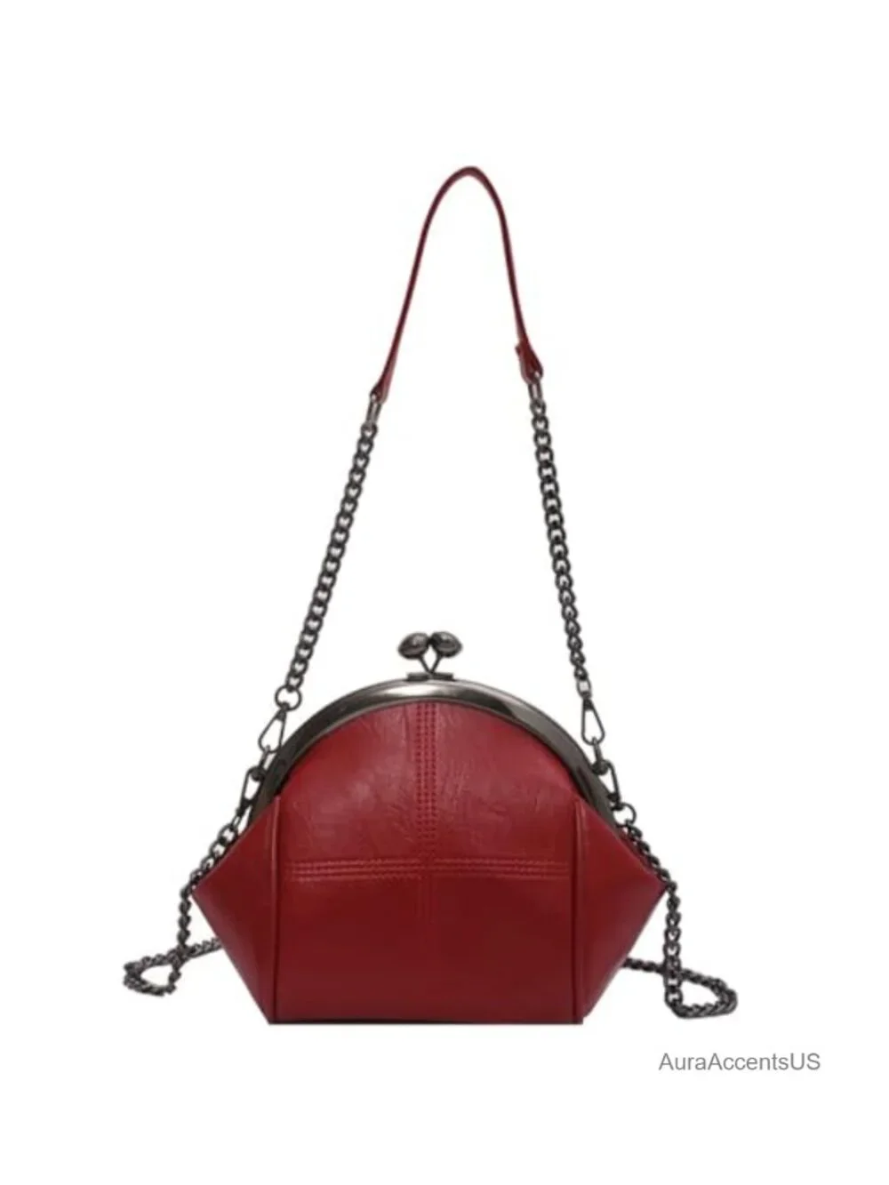 Women PU Leather Kiss Lock Satchel Hobo Bag Chain Shoulder Strap Crossbody